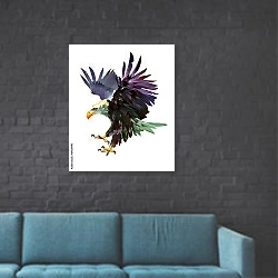 «Белоголовый орел с яркими перьями» в интерьере в стиле лофт с черной кирпичной стеной
