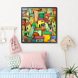 «Разноцветный фон с яркими домами» в интерьере детской комнаты для девочки в пастельных тонах