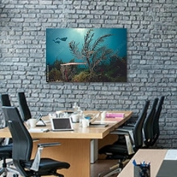 «Два дайвера под водой у Карибского Кораллового рифа» в интерьере современного офиса с черной кирпичной стеной