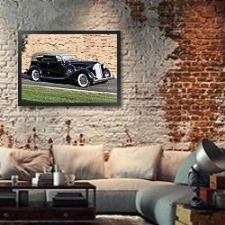 «Packard Super Eight Phaeton (1404) '1936» в интерьере гостиной в стиле лофт с кирпичной стеной