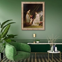 «The Breastfeeding Mother» в интерьере гостиной в зеленых тонах