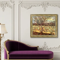 «Абрикосовые деревья в цвету» в интерьере в классическом стиле над банкеткой