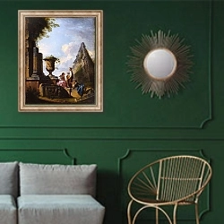 «Capricci of Classical ruins with philosophers discoursing» в интерьере классической гостиной с зеленой стеной над диваном