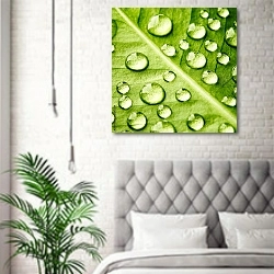 «Зеленый лист с каплями воды 9» в интерьере спальни в скандинавском стиле над кроватью
