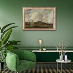 «Вид на Дордрехт» в интерьере гостиной в зеленых тонах