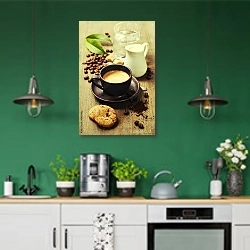 «Кофе с молоком и печеньем» в интерьере кухни с зелеными стенами