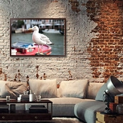 «Венеция, Италия. Чайка 3» в интерьере гостиной в стиле лофт с кирпичной стеной