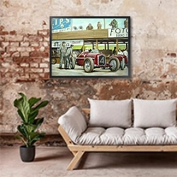 «Автомобили в искусстве 77» в интерьере гостиной в стиле лофт над диваном