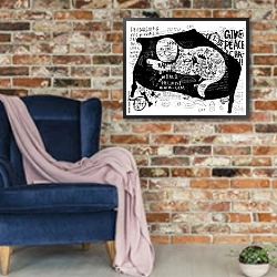 «Кот на диване» в интерьере в стиле лофт с кирпичной стеной и синим креслом