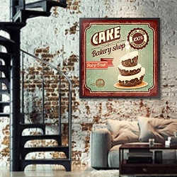 «Ретро плакат с праздничным тортом» в интерьере двухярусной гостиной в стиле лофт с кирпичной стеной
