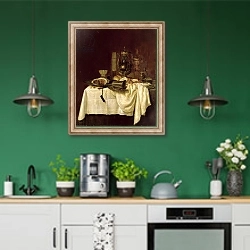 «Still Life, 1638» в интерьере кухни с зелеными стенами