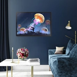 «Силуэт девочки и гигантские медузы в небе» в интерьере гостиной с зеленой стеной над диваном