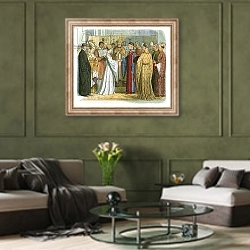 «Marriage of king Henry V and Katherine of France» в интерьере гостиной в оливковых тонах