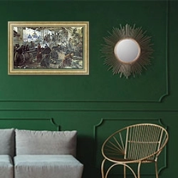 «Оборона Троице-Cергиевой лавры. 1894» в интерьере классической гостиной с зеленой стеной над диваном