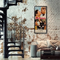 «Ретро-Реклама 227» в интерьере двухярусной гостиной в стиле лофт с кирпичной стеной