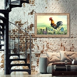 «Петух в деревне» в интерьере двухярусной гостиной в стиле лофт с кирпичной стеной