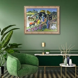 «The Epiphany, 1987» в интерьере гостиной в зеленых тонах
