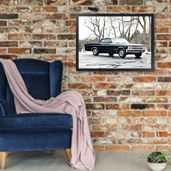 «Chevrolet Impala SS Convertible '1965» в интерьере в стиле лофт с кирпичной стеной и синим креслом