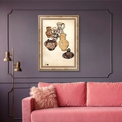 «Фаянсовая посуда» в интерьере гостиной с розовым диваном