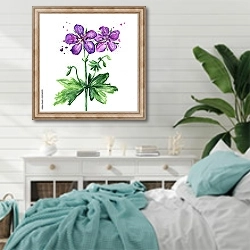 «Фиолетовый дикий цветок» в интерьере спальни в стиле прованс с голубыми деталями