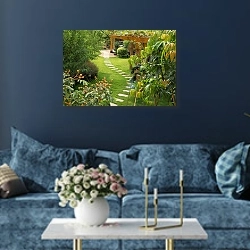 «Сады» в интерьере современной гостиной в синем цвете