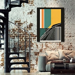 «Composition №30» в интерьере двухярусной гостиной в стиле лофт с кирпичной стеной