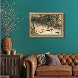 «Hunting Moose» в интерьере гостиной с зеленой стеной над диваном