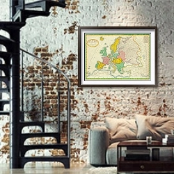 «Политическая карта Европы, 1827 г.» в интерьере двухярусной гостиной в стиле лофт с кирпичной стеной