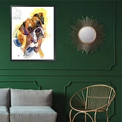 «Stanley portrait, 2016,» в интерьере классической гостиной с зеленой стеной над диваном