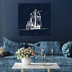 «Парусное галеонное судно в океане» в интерьере современной гостиной в синем цвете
