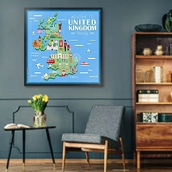 «Англия, туристическая карта» в интерьере гостиной в стиле ретро в серых тонах