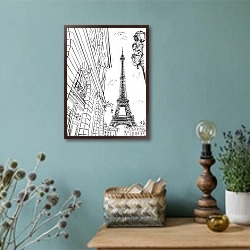 «Париж в Ч/Б рисунках #24» в интерьере в стиле ретро с бирюзовыми стенами