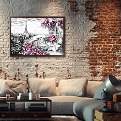«Вид с балкона в розовых цветах на Эйфелеву башню» в интерьере гостиной в стиле лофт с кирпичной стеной
