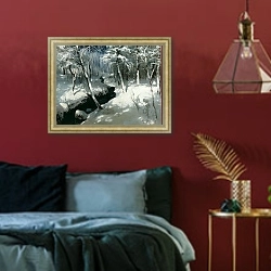 «Ручей в лесу. 1906» в интерьере спальни с акцентной стеной
