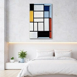 «Composition with red, black, yellow, blue and grey, 1921, by Piet Mondrian, oil on canvas. Netherlands, 20th century.» в интерьере светлой минималистичной спальне над кроватью