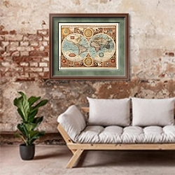 «Карта мира с полушариями, 1626» в интерьере гостиной в стиле лофт над диваном