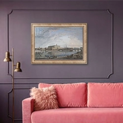 «View of Stockholm» в интерьере гостиной с розовым диваном