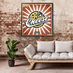 «Ретро плакат с сыром» в интерьере гостиной в стиле лофт над диваном