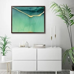«Abstract green with gold ink art 6» в интерьере светлой минималистичной гостиной над комодом