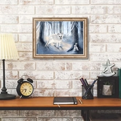 «Песец и заяц в зимнем лесу» в интерьере кабинета в стиле лофт над столом