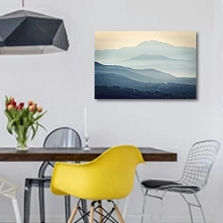 «Крит, горы в тумане» в интерьере столовой в скандинавском стиле с яркими деталями