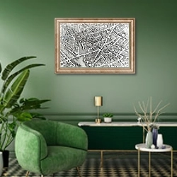 «Plan of Paris, known as the 'Plan de Turgot', engraved by Claude Lucas, 1734-39» в интерьере гостиной в зеленых тонах