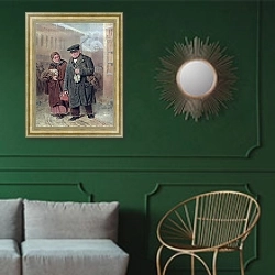 «Чистый понедельник. 1866» в интерьере классической гостиной с зеленой стеной над диваном