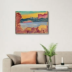 «Landscape, Lake Geneva» в интерьере современной светлой гостиной над диваном