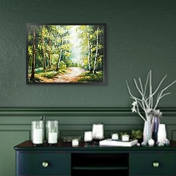 «Летний лес 3» в интерьере прихожей в зеленых тонах над комодом
