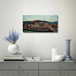 «Грузия, Тбилиси. Вечерний вид на город 2» в интерьере современной гостиной с голубыми деталями
