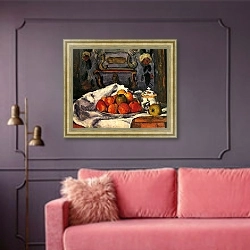 «Натюрморт с вазой с яблоками» в интерьере гостиной с розовым диваном