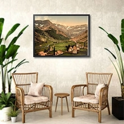 «Франция. Город Гаварни» в интерьере комнаты в стиле ретро с плетеными креслами
