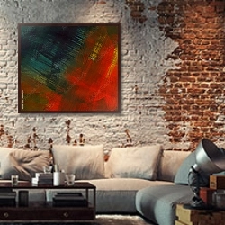 «Абстрактная картина #38» в интерьере гостиной в стиле лофт с кирпичной стеной