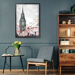 «Биг Бен, Лондон, Англия на фоне флага» в интерьере гостиной в стиле ретро в серых тонах